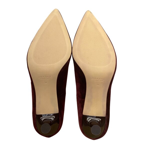 Zara Women’s Burgundy Velvet Classic Pointed Toe Low Heel Pumps Size EU38/US8 - Picture 7 of 8